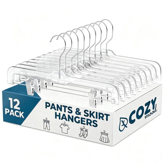 Cozymood Clear Pants Hangers with Adjustable Clips, 12 Pack 14 Inch Plastic Skirt Hangers, Non-Slip Swivel Hook for Pants, Skirts, Shorts