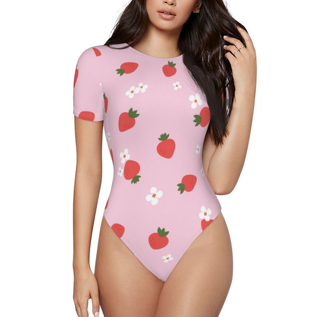 Balery Strawberry Floral Body de cuello redondo de manga corta para mujer Tops de manga corta Tops básicos-Large