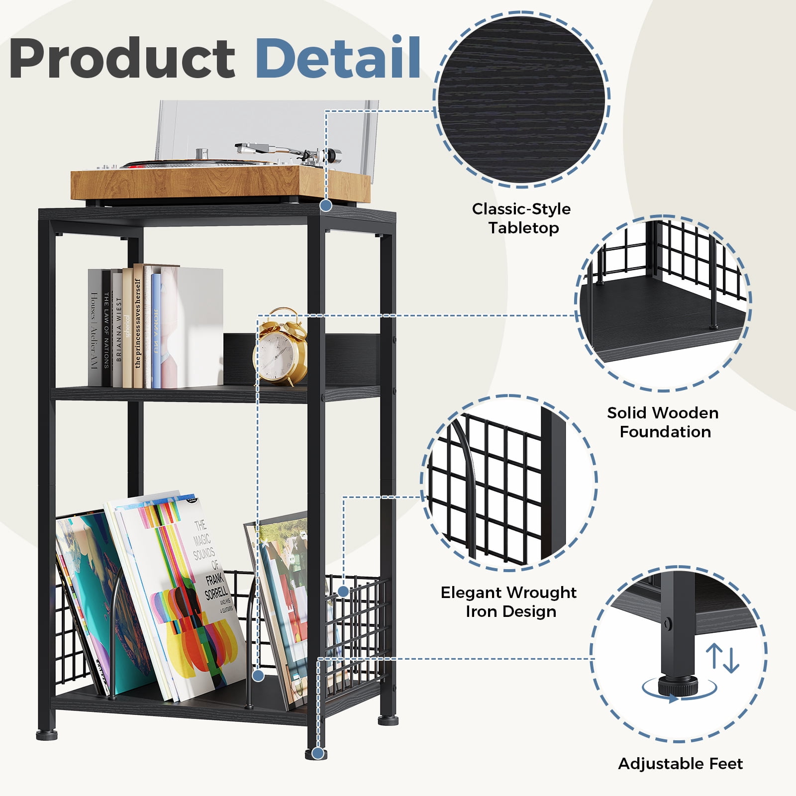 CONCETTA Record Player Stand, 3 Tier Turntable Table with Vinyl Storage for up to 100 Albums, End Side Table for Living Room Bedroom