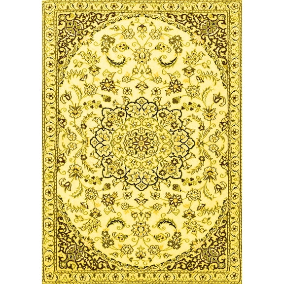 Ahgly Company Machine Washable Indoor Rectangle Persian Yellow Traditional Area Rugs, 5' x 7'