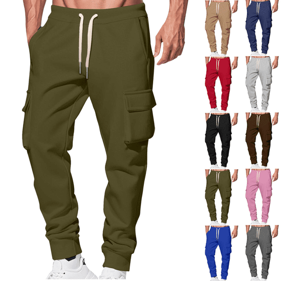 Sweatpants for Men Fleece Cargo Joggers Solid Color Athletic Pants with Drawstring Elastic and Multi Pockets