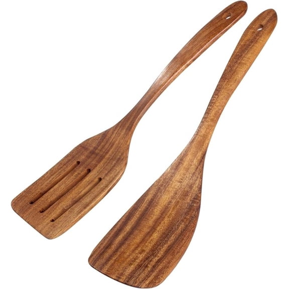Daletu Wooden Spatula Set, Handcrafted Acacia Wood Long-Handle Turner and Spoon for Non-Stick Kitchen Utensils, 2-Pack