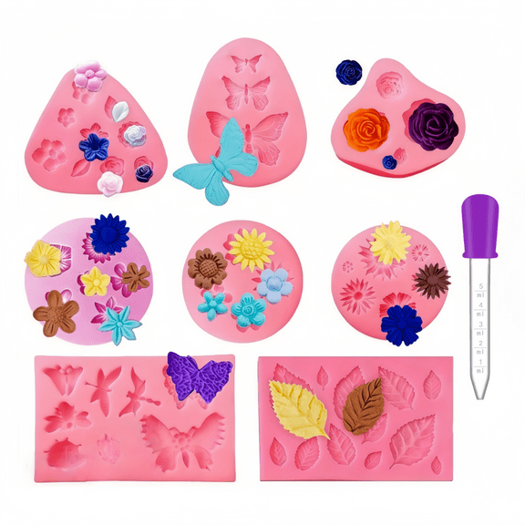 9 Pcs Silicone Fondant Mould Set - Flower, Butterfly, Daisy, Rose Shapes With Dropper - Non-Stick Baking Mould for Cake Decorating, Chocolate, Jelly (Pink)