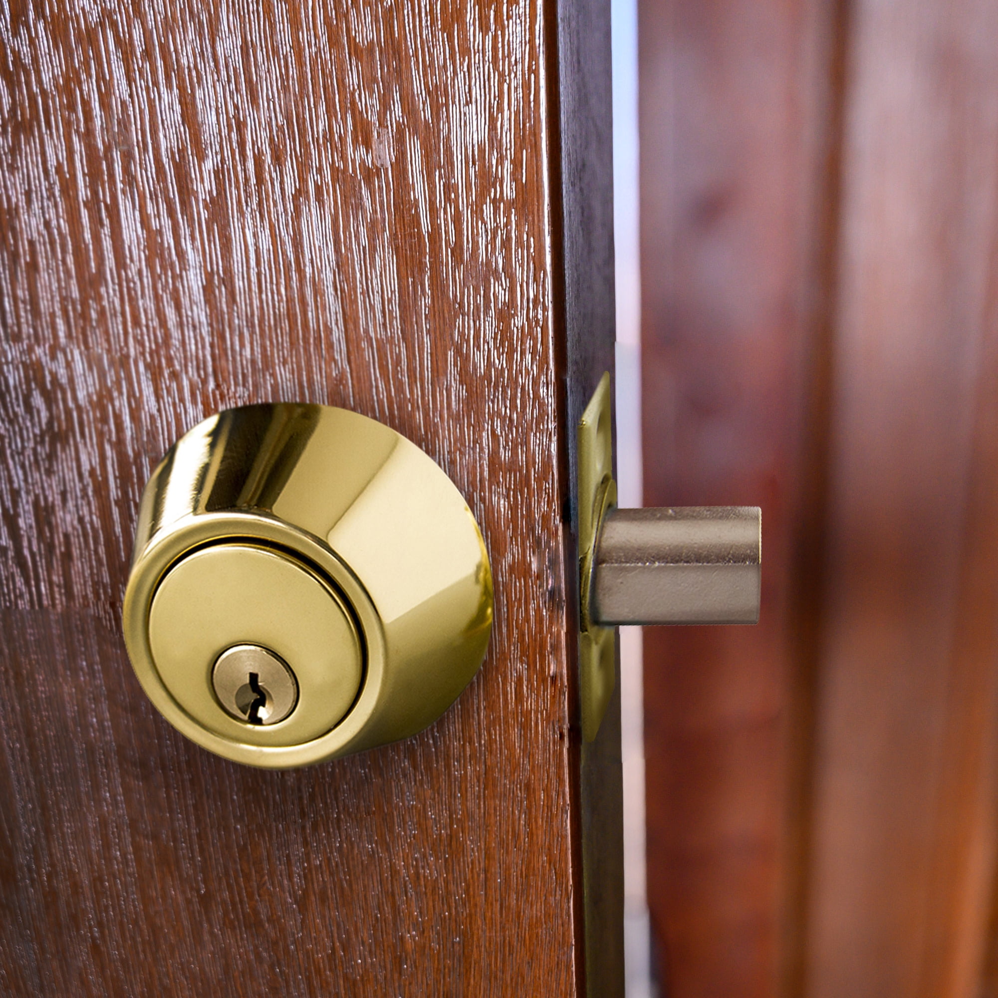 Polished Brass Keyed Entry Deadbolt with Twist-Knob Interior, 6-Way Adjustable Latch