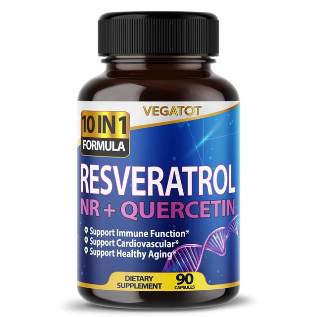 suplemento vegatot de resveratrol de alta resistencia de 11.500 mg con quercetina frasco frontal centrado con etiqueta azul y dorada, texto principal "RESVERATROL NR + QUERCETIN", insignia "10 IN 1 FORMULA", indicador "90" cápsulas, frasco ámbar con tapa negra sobre fondo blanco.