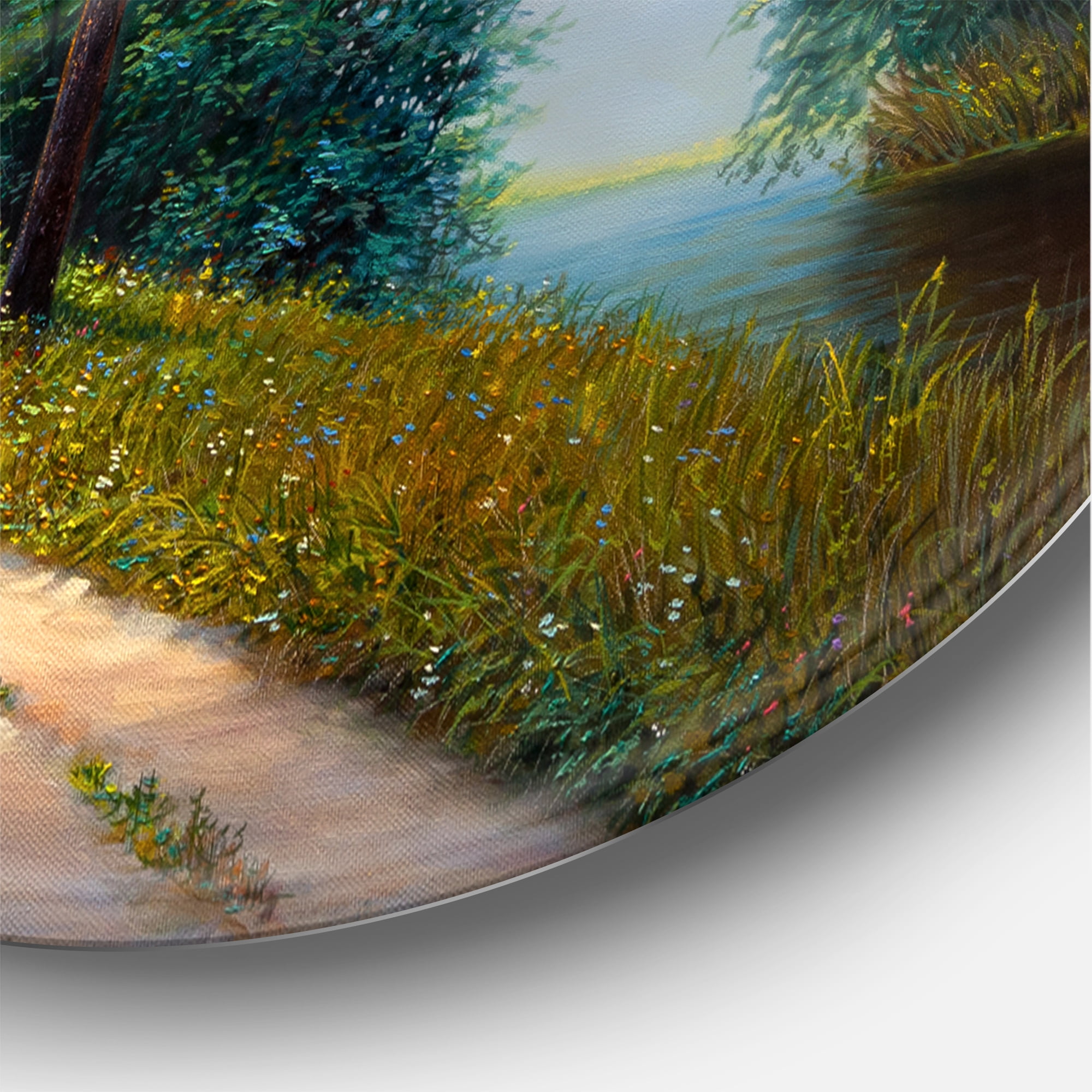 Designart 'Subtle Sunset Light Through The Trees II' Lake House Circle Metal Wall Art 36x36 - Disc of 36