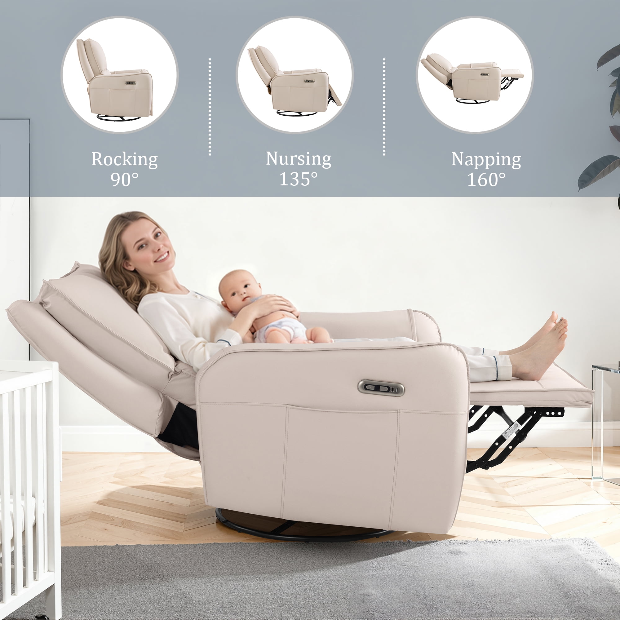 Power Recliner Rocking Chair Nursery Gliders, Electric Swivel Rocker Recliner Chair, Comfy Upholstered Living Room Reclining Chairs with Lumbar Support