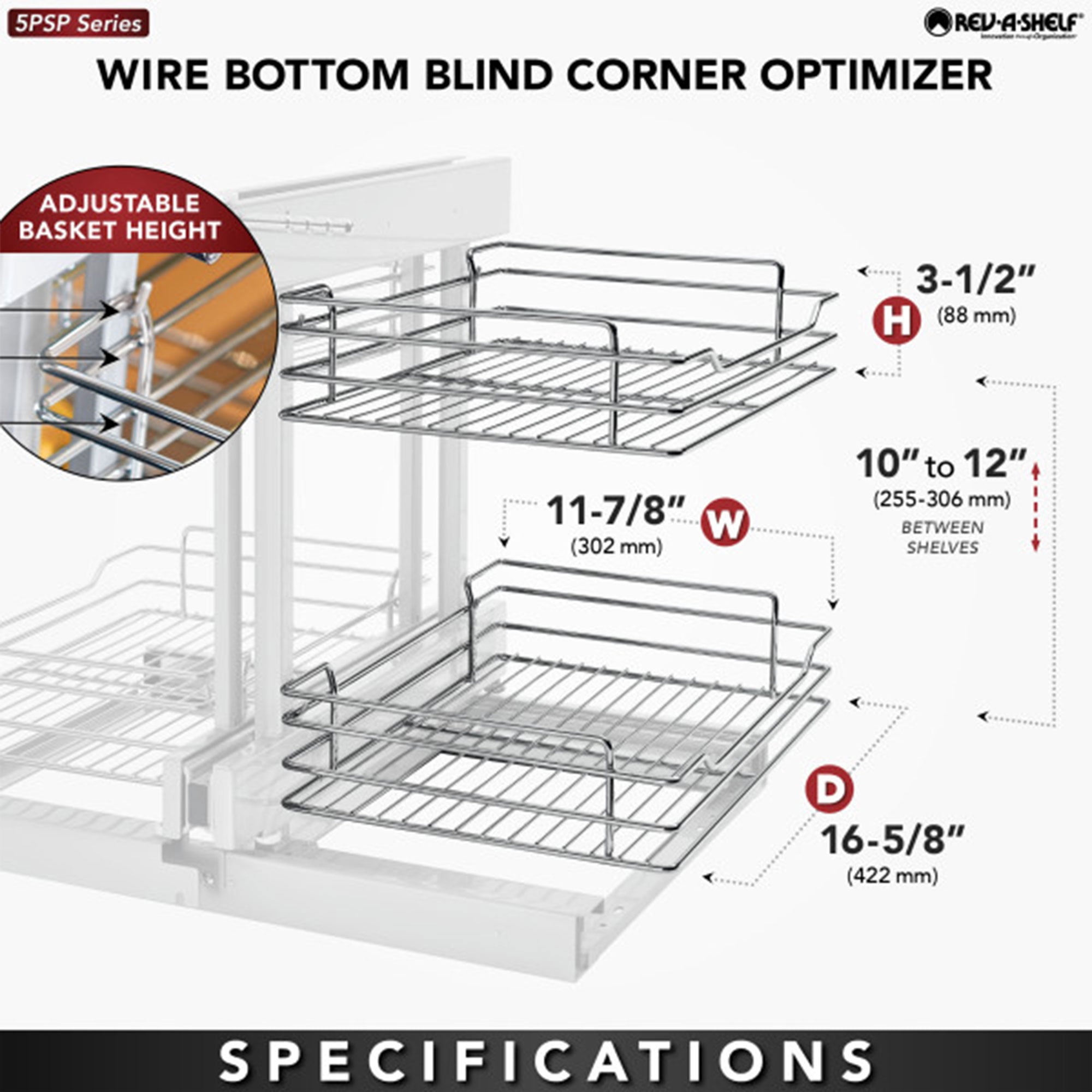 Rev-A-Shelf Chrome 2-Tier Wire Optimizer for 15" Blind Corner Cabinet Openings, 5PSP-15-CR