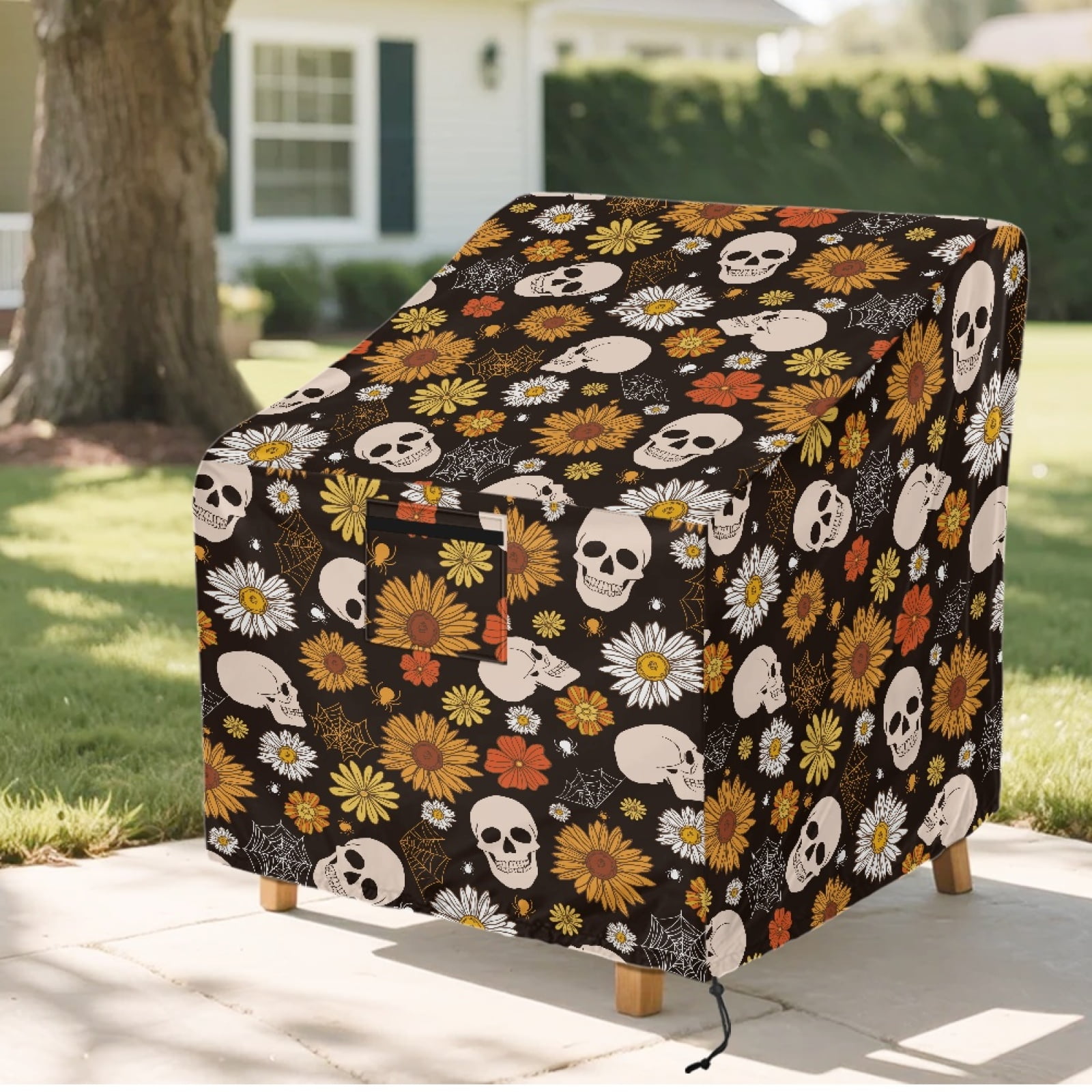 Renewold Patio Chair Covers Waterproof Dust Proof Stackable Patio Chair Covers Outdoor Lawn Patio Furniture Protection Halloween Decor, 38"W x 38"D x 36"H, Skull Sunflower Daisy Spider Web Print