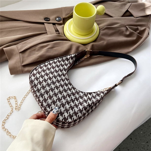 Bolso de hombro retro de cuadros para mujer | Bandolera de piel sintética con forma de media luna | Correa ajustable para uso diario y viajes | Tamaño compacto con solapa y múltiples bolsillos