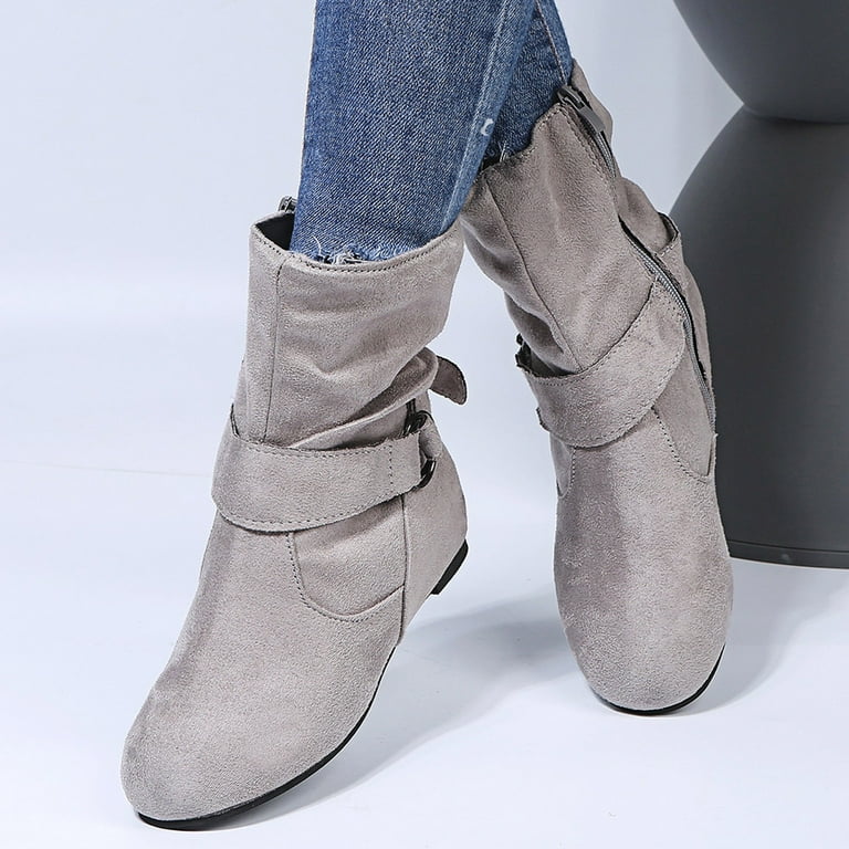 Juebong Women s Winter Flat Leather Belt Buckle Suede Zipper Round Toe Ankle Boots Gray Size 8.5 Walmart