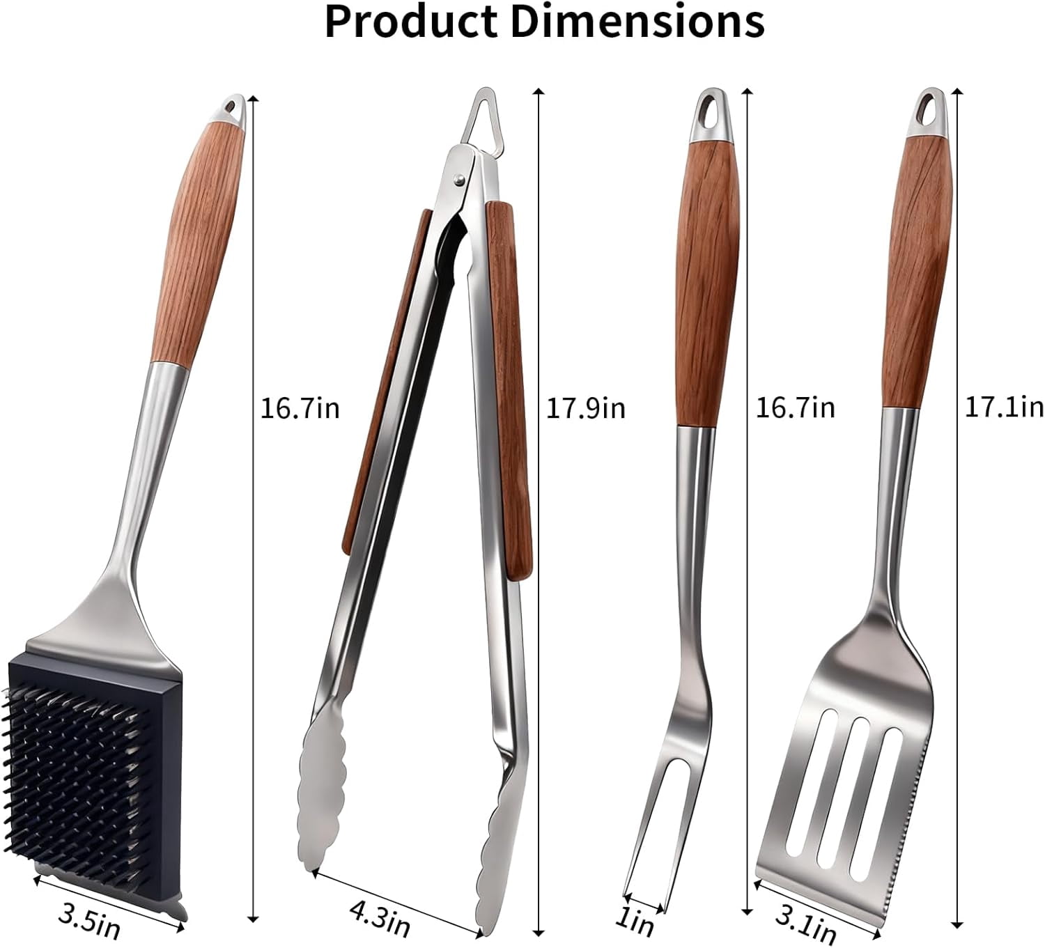 BBQ Grilling Accessories, Outdoor Grill Set with Spatula, Fork, Brush & Tongs, Stainless Steel Grilling Tools with Non-Slip Wooden Handle