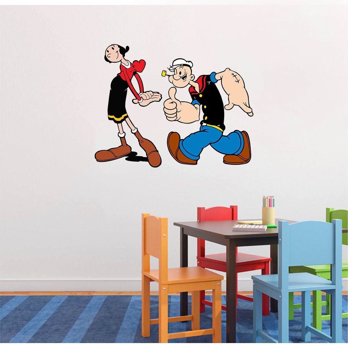 Popeye The Sailor & Olive Cartoon Characters Wall Art Decal Vinyl Sticker  Kids Bedroom Infant Baby Room Durable Waterproof High Quality Sticker Decal  Mural Adhesive Removable Peel and Stick 30x15 inch -