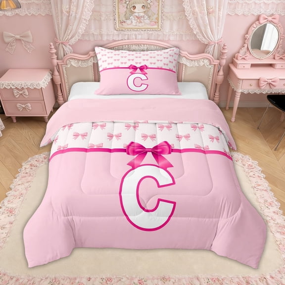 Erosebridal Bow Letter C Twin Comforter Sets for Girls, Pink Princess Ribbon Bedding Set, Pink Reversible, 2 Pieces