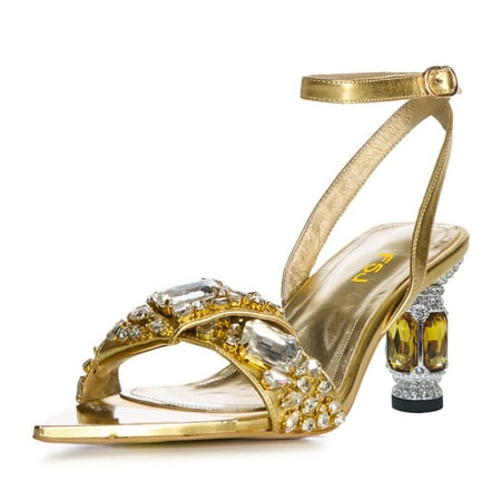FSJ Women Strappy Crystal Block Heels with Rhinestones Ankle Strap Pumps Almond Open Toe Sandals Noble Party Shoes Size 41 Black