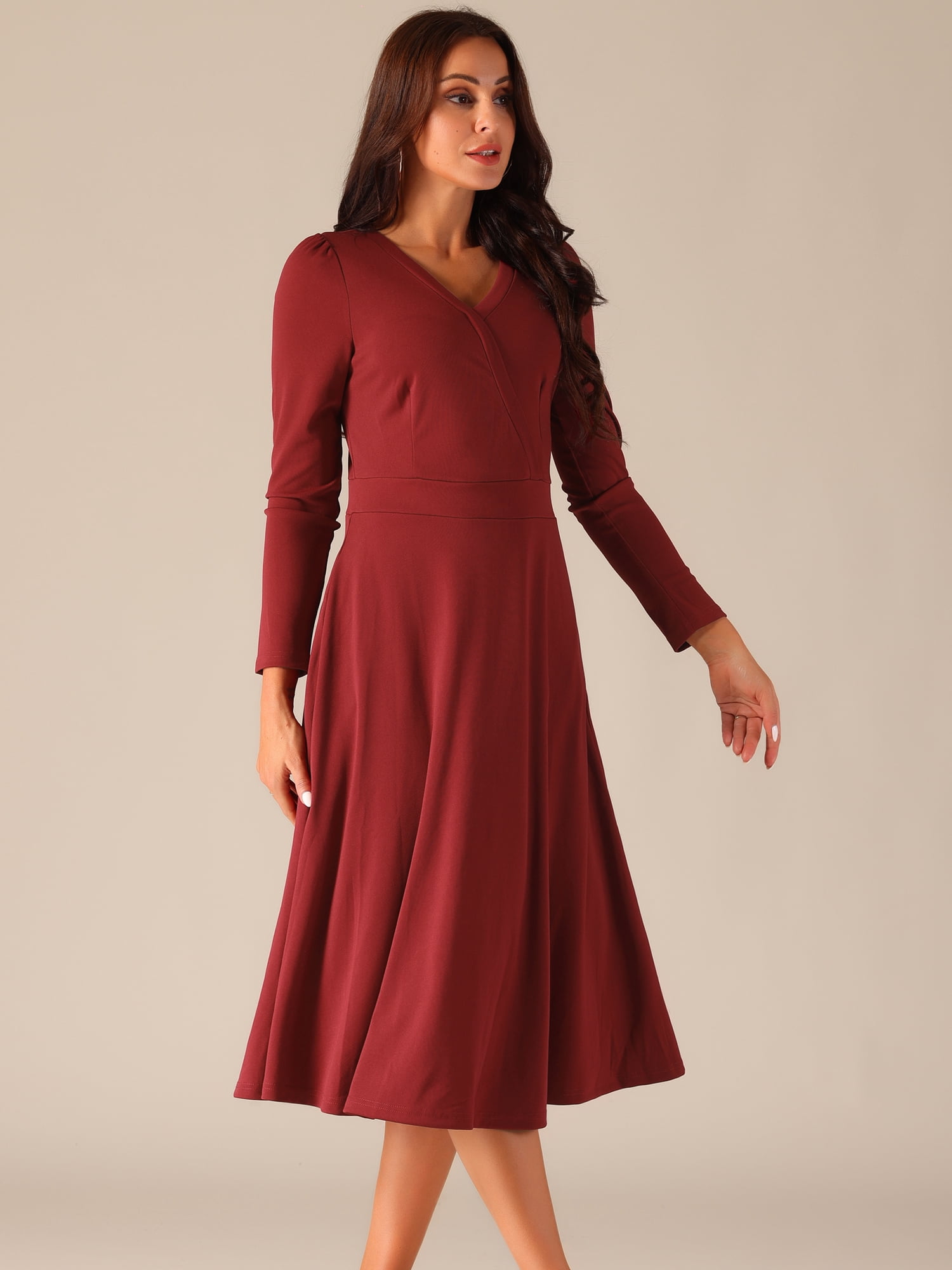 DARING DIVA Midi Faux Wrap Puff Sleeve Dress M Wine Red