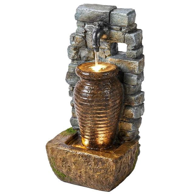 Fontaine d'Eau Extérieure Rustique en Forme d'Urne avec 6 Lumières DEL, Élément d'Eau de Jardin en Résine à Débit Réglable à 3 Vitesses, Fontaine Décorative Résistante aux Intempéries pour Patio, Cour Arrière et Déco de Jardin
