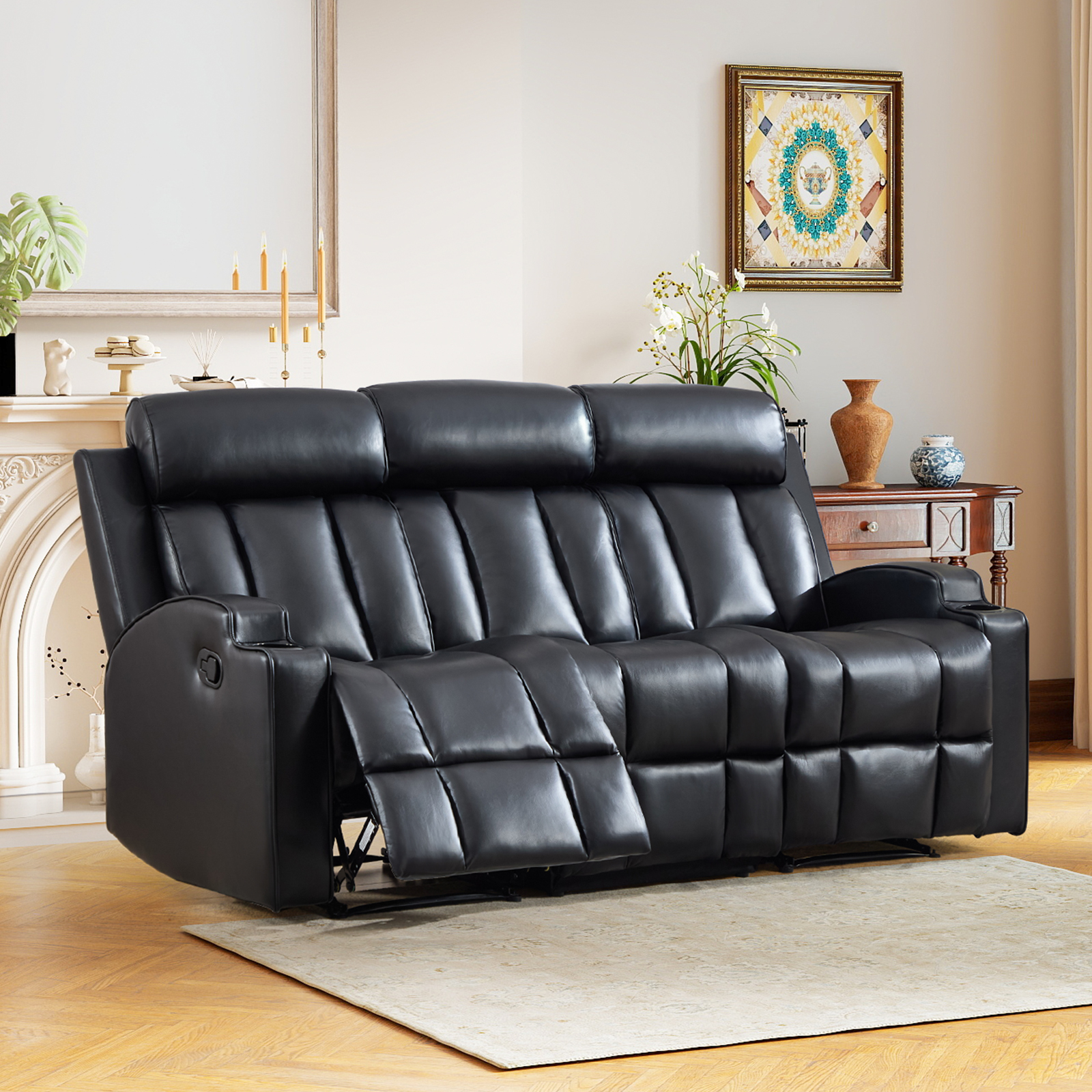 Ebello Manual Recliner Sofa, PU Leather Overstuffed 3-Seat Reclining Couch with Cup Holders for Living Room & Home Theater, Black