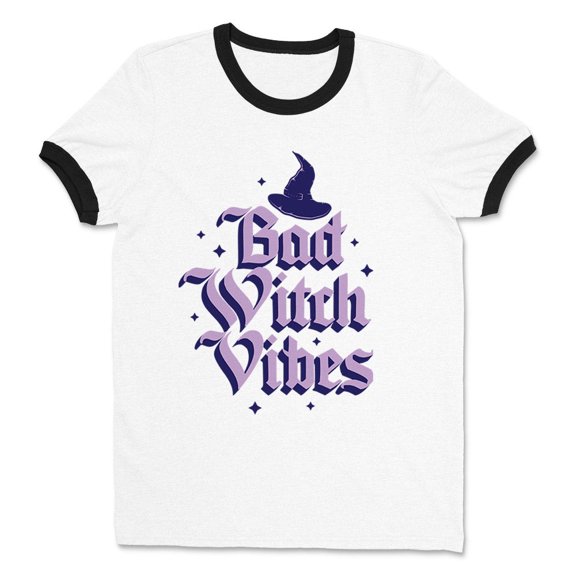Bad Witch Vibes Ringer Tee Shirt Unisex Large White/Black