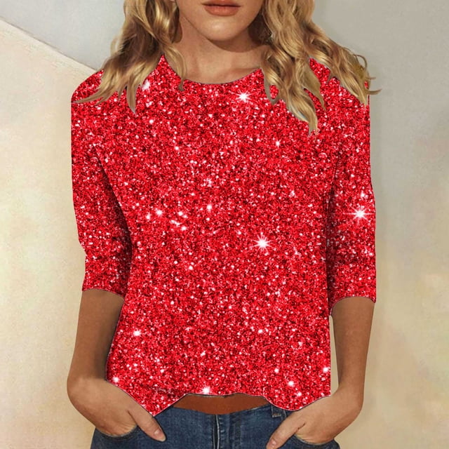 Jsaierl 2024 Automne T-Shirts à Manches 3/4 pour Femmes Mode Scintillant Graphique Col Rond Hauts Pailletés Pull-Over pour Soirée