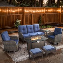 Unnifurnzi 10 Pieces Patio Furniture with Fire Pit-6'' Thick Cushions Outdoor Furniture with Swivel Rocker Chairs Couch and Ottoman Wicker Patio Furniture for Deck Porch Garden Poolside-Gray/Blue