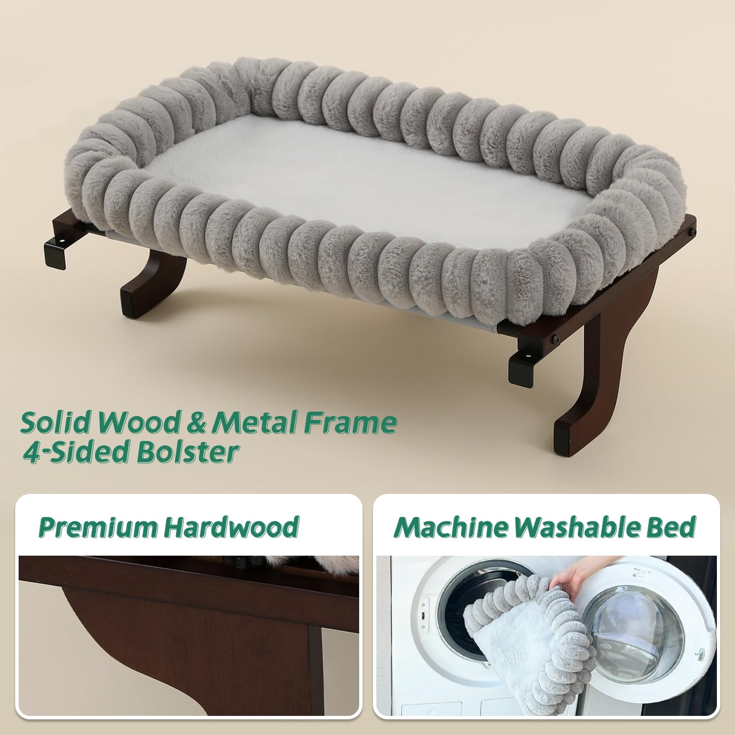 Snugcloud Cat Window Perch With 4-sided Bolster - Hammock For Sill Solid Hardwood & Metal Frame Seat Pets (dark Stained Wood W/gray Bed  Medium)