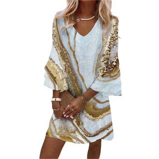 Txlixc Vestido estampado de 3 / 4 mangas para mujeres, vestido de verano con volantes de cuello V Txlixc moda