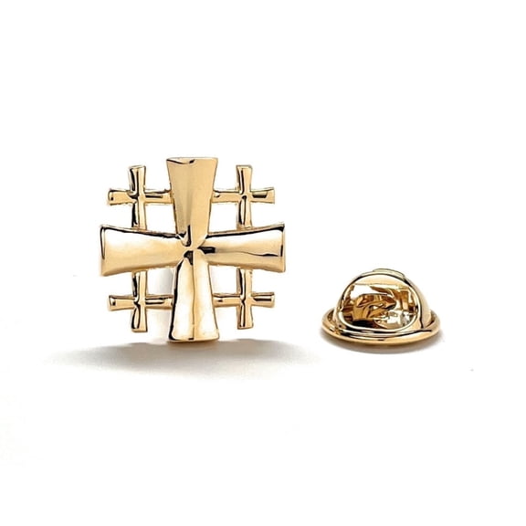 Jerusalem Cross Lapel Pin Cut Out Design 3D Five-Fold Cross Christian Gift Gold Platted Cross Enamel Pin Catholic Brooch Crusaders Shield