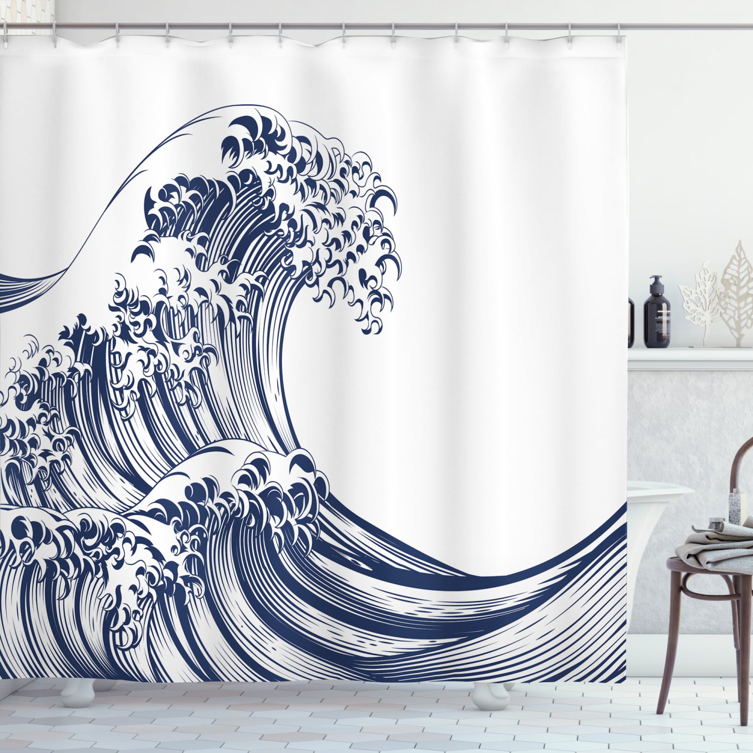 Japanese Crane With Wave Shower Curtain Liner 12 Hooks Bathroom Accessory Sets 