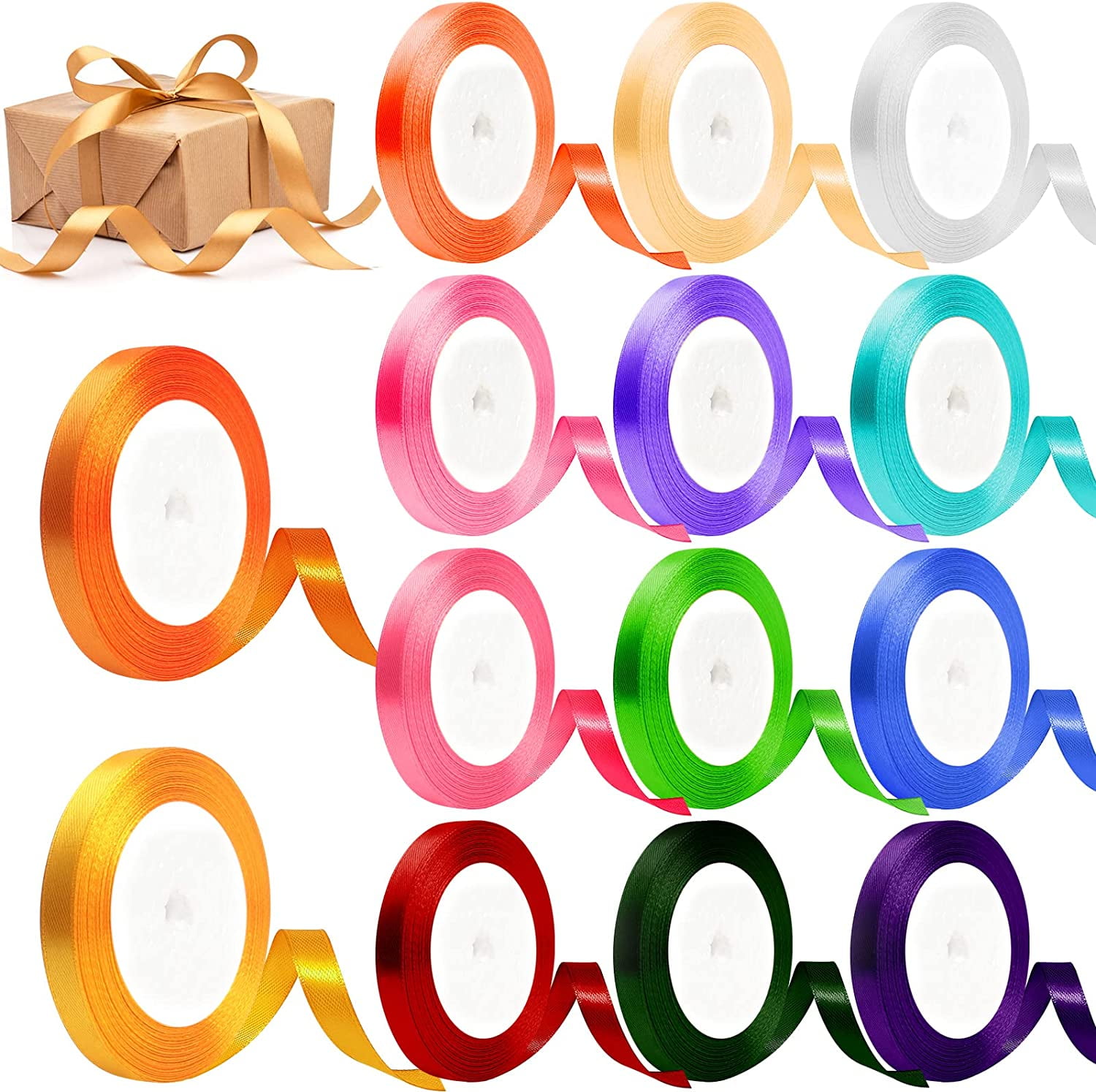 14 Colors Silk Satin Roll, Polyester Satin Ribbon 12mm x 22 Metres, Solid Colors Fabric Ribbon