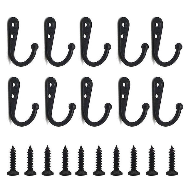 10 ganchos negros individuales para pared, ganchos negros para abrigos, equipados con tornillos de montaje