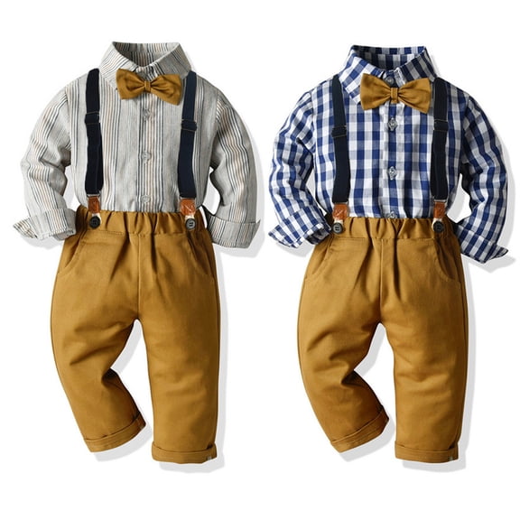 Boys Summer Outfits Formal Long Sleeve Dress Shirt with Bow Tie and Suspenders Pants Set Boys' Clothing Sets Beige 2-3 Years