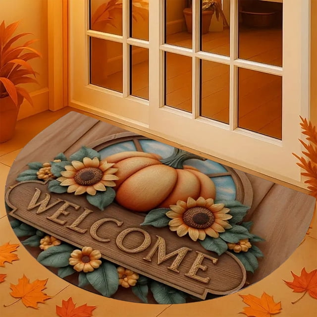 Thanksgiving Floor Mat, Non-Slip Entryway Rug, Velvet Pumpkin Half-Round Doormat for Front Door, Porch, Kitchen, Home Decor, Washable Indoor Outdoor Welcome Mat with Fall Harvest Maple Leaf Design