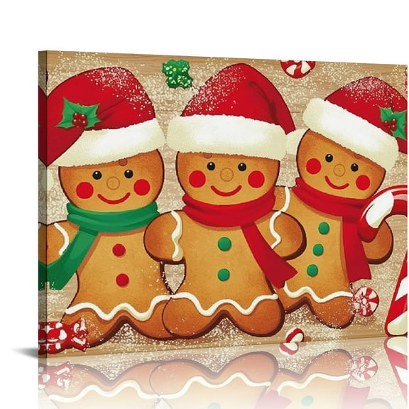 Fenyluxe Gingerbread Santa-Hat Candy-Cane Theme Canvas Wall Art Decor Ready to Hang Room Home Art Decor 16x12in