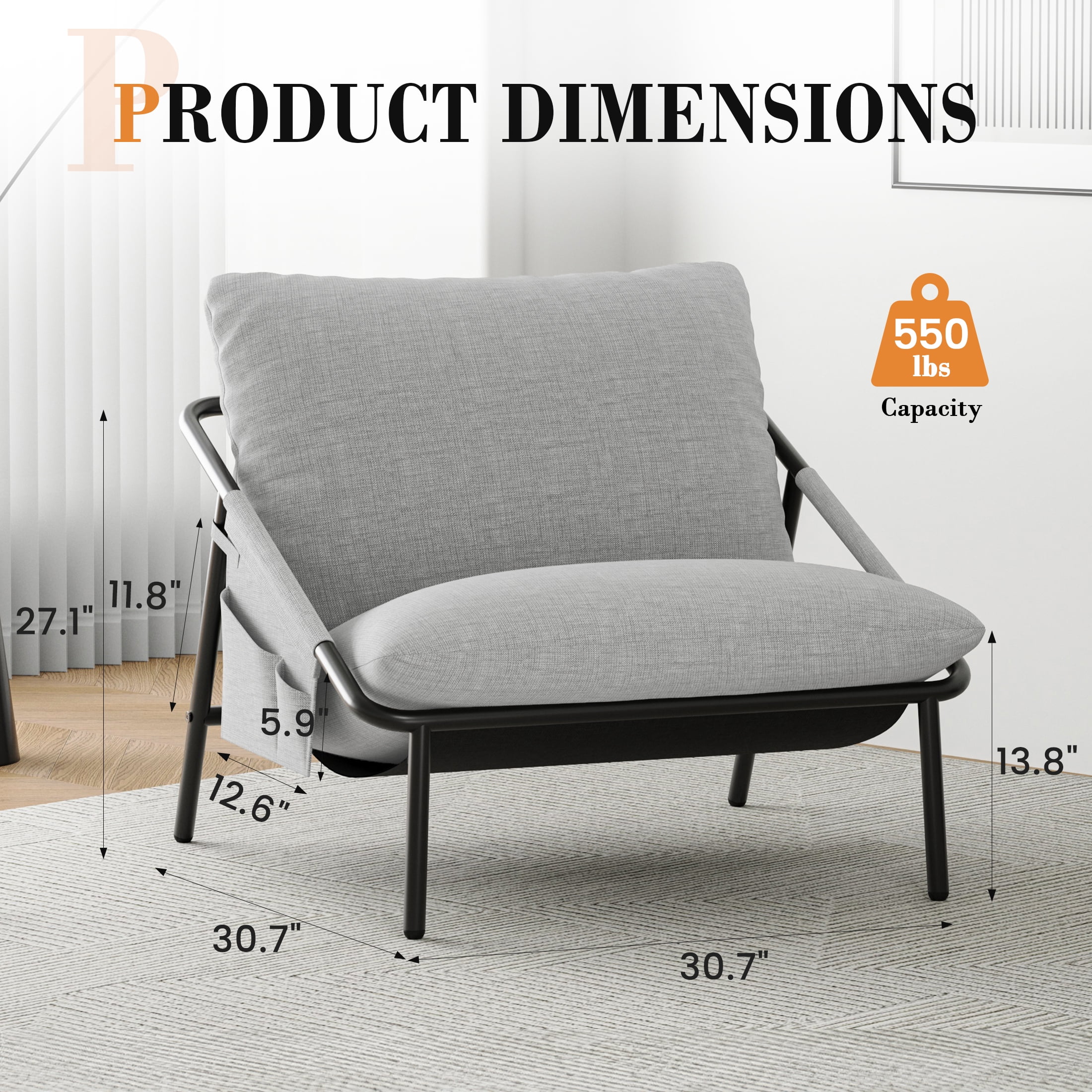 Techmilly Grey Sling Accent Chairs Set of 2, Modern Accent Chairs Reading Chairs for Living Room, Black Metal Armchair with Comfortable Cushion for Reading Room Office, Light Grey Linen