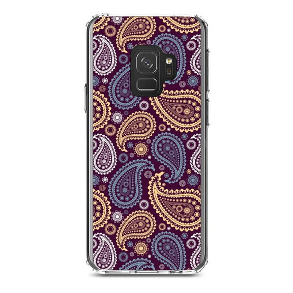 DistinctInk Clear Shockproof Hybrid Case for Samsung Galaxy S9 (5.8" Screen) - TPU Bumper, Acrylic Back, Tempered Glass Screen Protector - Purple Yellow Blue Paisley