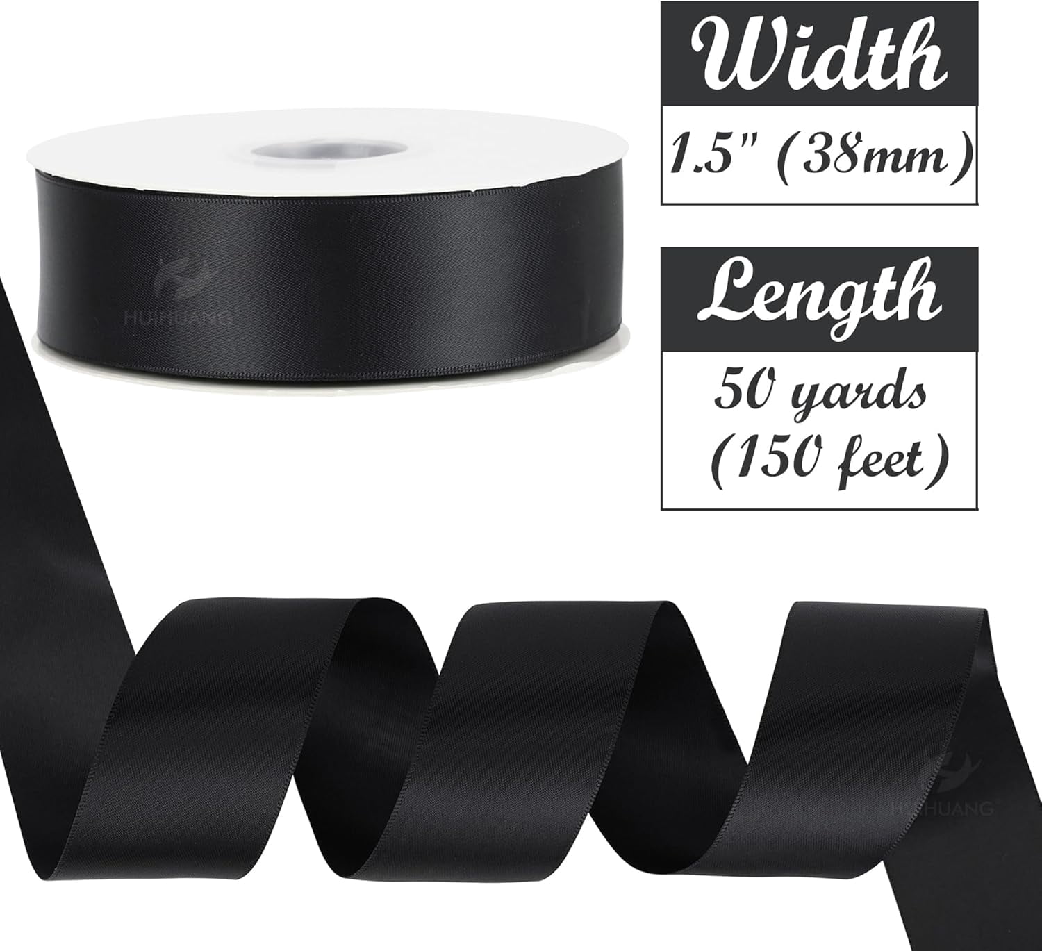 1-1/2 inch Double Face Satin Ribbon, Polyester Satin Black Ribbon 50 Yards Per Roll for Gift Wrapping Bows Making Floral Bouquet Wedding Decor Baby Shower Party Favor and Craft Supplies