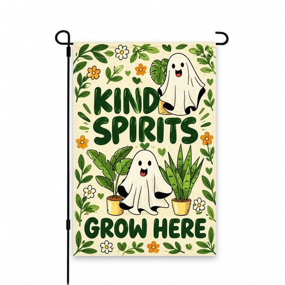 Kind Spirits Halloween Garden Flag 12 x 18 Inch - Cute Ghosts with Potted Plants and Floral Design for Yard, Lawn, Patio, or Porch Outdoor Decor