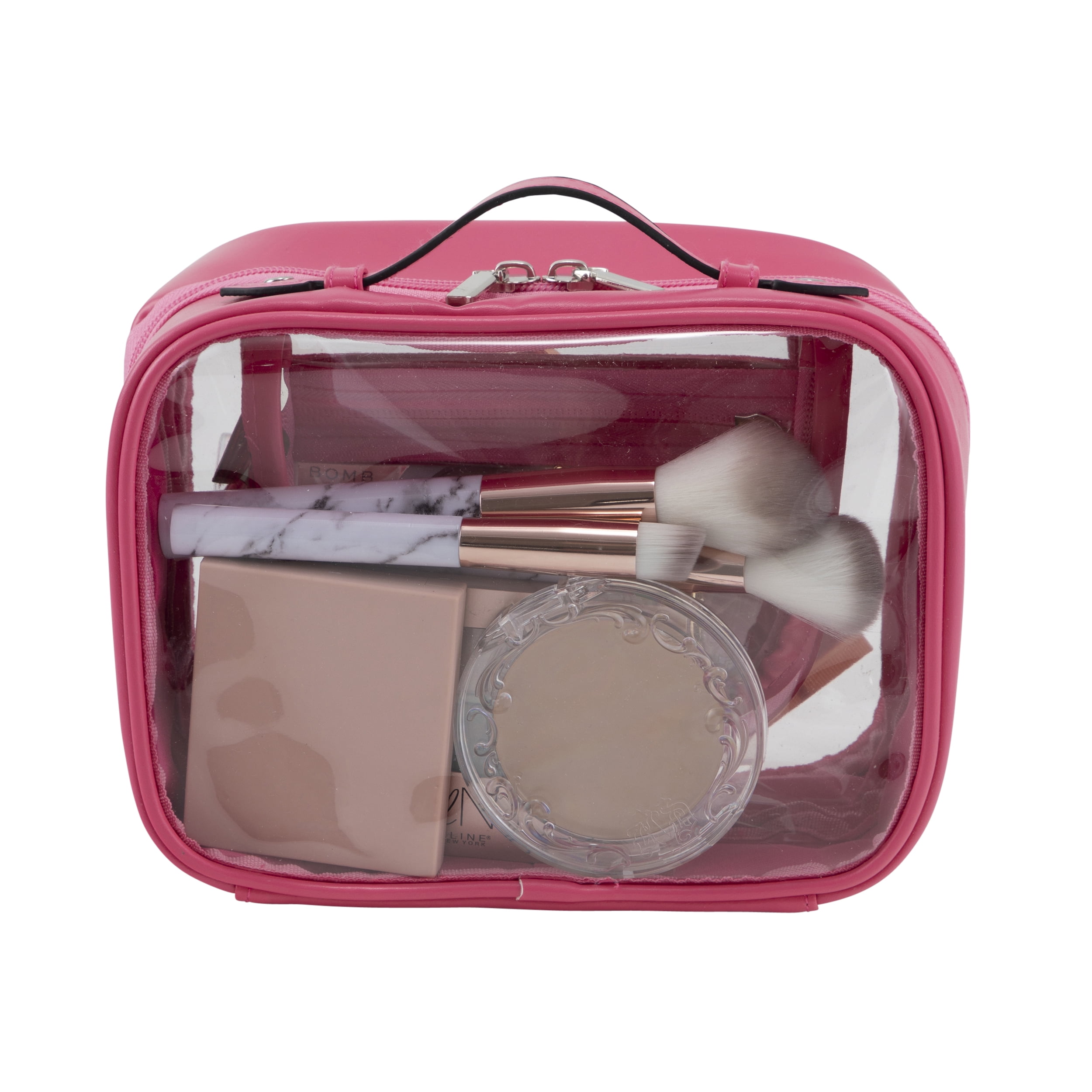 Fusion Brand Double Layer Makeup Bag, Clear and Pink.   4 Zipper Compartments and Handle. 8.6" Long.