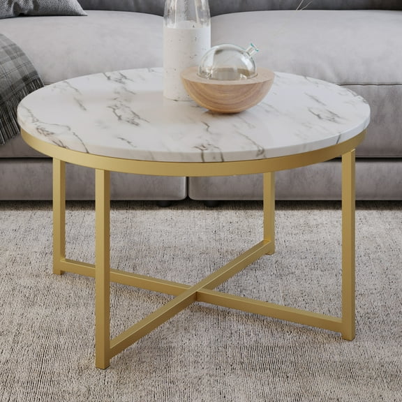 Lavish Home Round Coffee Table with Faux Marble Top and Metal Crossbeam Base, White/Gold