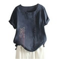 thumbnail image 2 of ALLLIST Crew Neck Going Out Tops for Women Short Sleeve Blue Floral Embroidery Cotton and Linen Blouses Button Womens T Shirts, 2 of 3