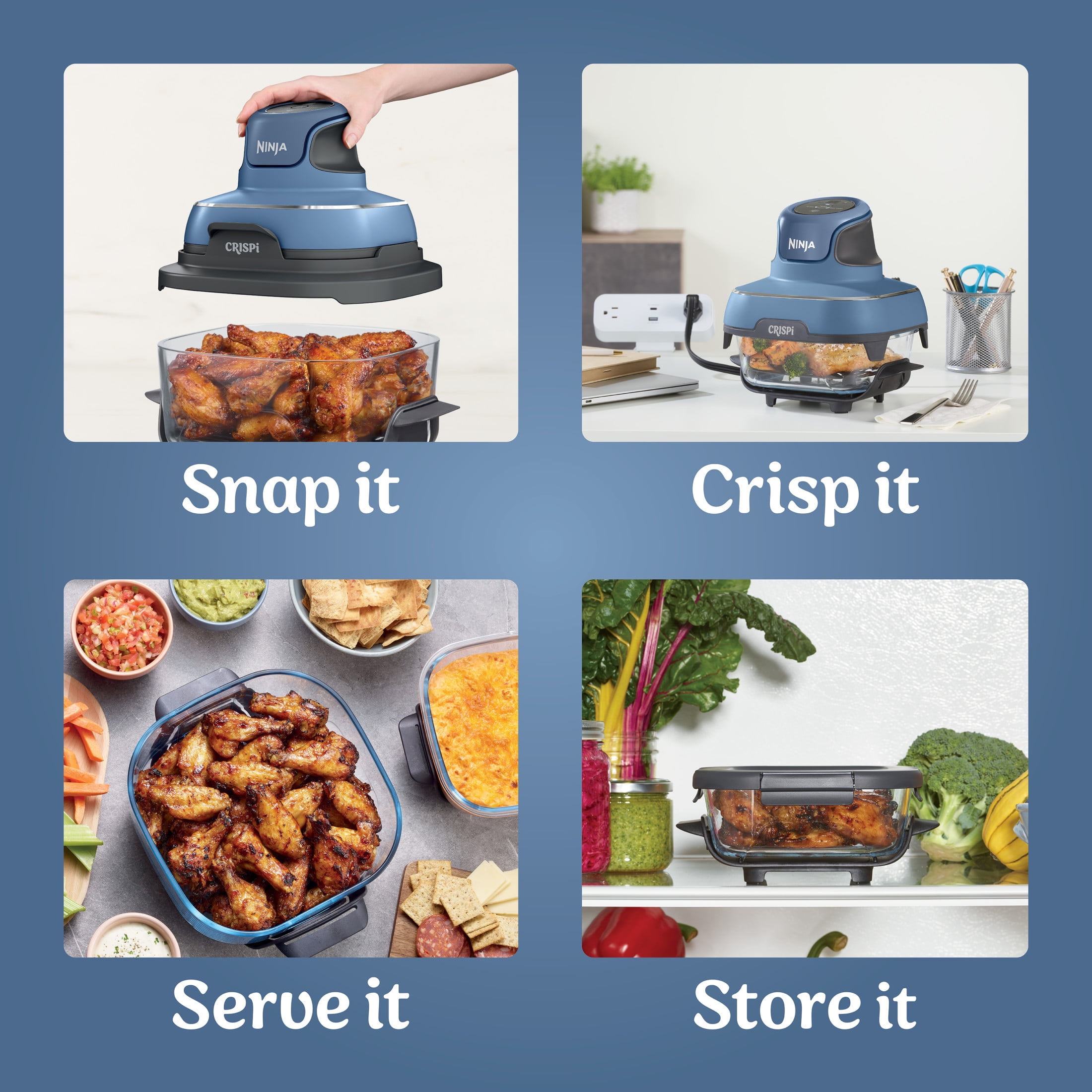 Ninja Crispi Glass Air Fryer 4-Qt, 3-in-1, Air Fry Recrisp, Portable, Dishwasher Safe, FN100ND Blue