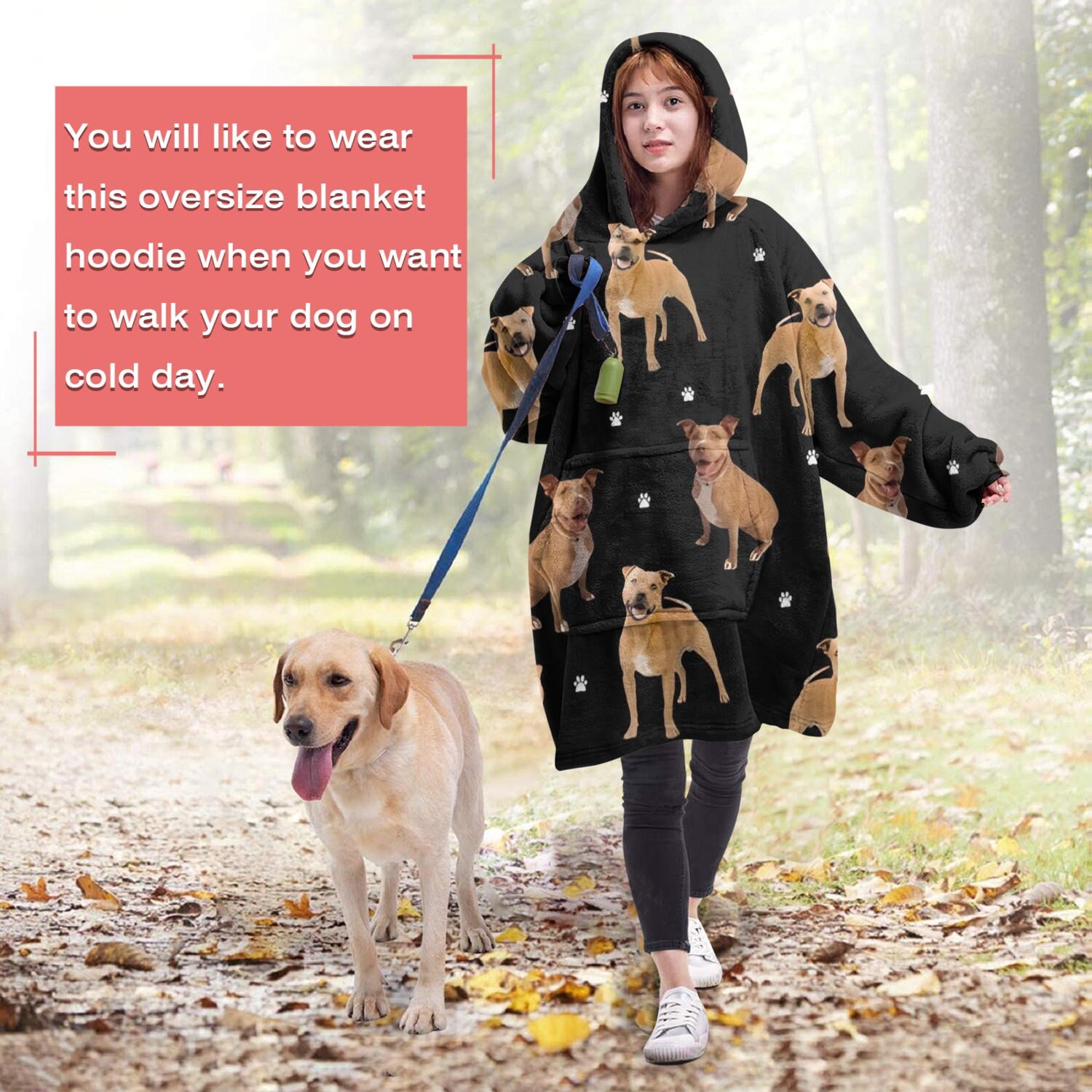 Pitbull Dog and Footprint Wearable Oversized Blanket,Wearable Blanket Hoodie for Adults,Cozy Hooded Blankets with Super Pockets,Super Warm Fuzzy Pullover for Women & Men