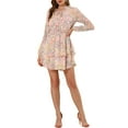 thumbnail image 3 of INSPIRE CHIC Women's Floral Printed Smocked Waist V Neck Long Sleeve Chiffon Dresses, 3 of 7