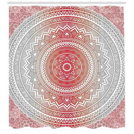 Grey and Red Shower Curtain, Hippie Ombre Mandala Cosmos Pattern with Flower Geometrıc Figures Indie Image, Fabric Bathroom Set with Hooks, 69W X 70L Inches, Red Grey, by