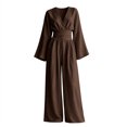 thumbnail image 3 of Elegant Solid Color Wide-Leg Jumpsuit with High Waist and Long Sleeves for Daily Resort Wear Modern Jumpsuit Ensemble, Brown, L, 3 of 3