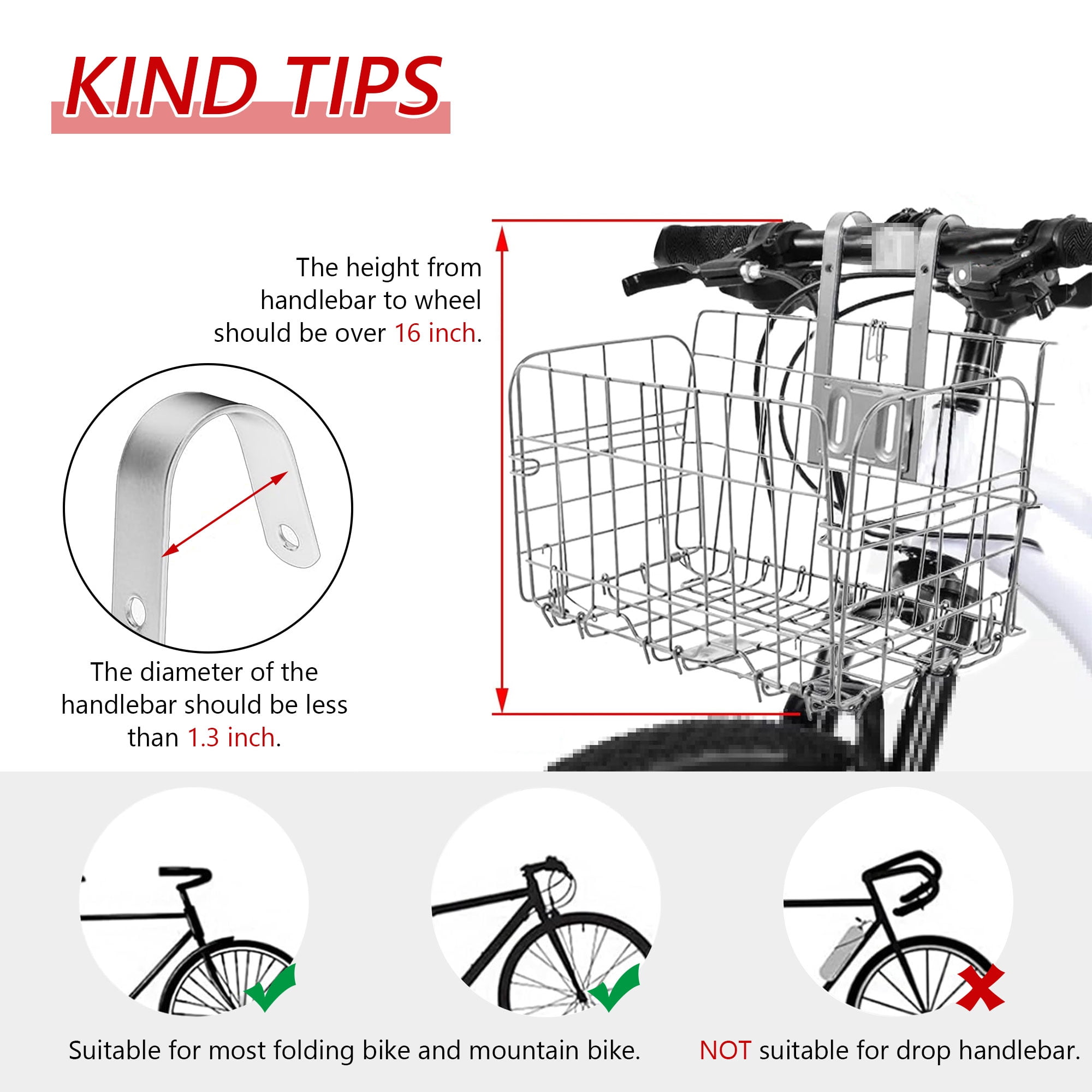 Semfri Folding Bicycle Front Basket Rustproof Removable Metal, Mesh Cover, Easy to Attach to Front Handlebars, Fits Most Bikes (Silver)