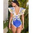 thumbnail image 4 of Flaxmaker Women Ruffle V Neck Pattern Print One Piece Swimsuit and Sarong or Pants Bathing Suits Full Coverage Swimwear, 4 of 8