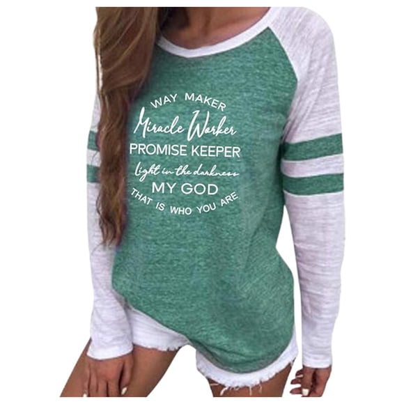 JAKANYQ Female T-Shirts Ladies' Casual Round Neck Partial Casual Letter Printed Casual Long Sleeved T Shirt Tops Breathable Tee