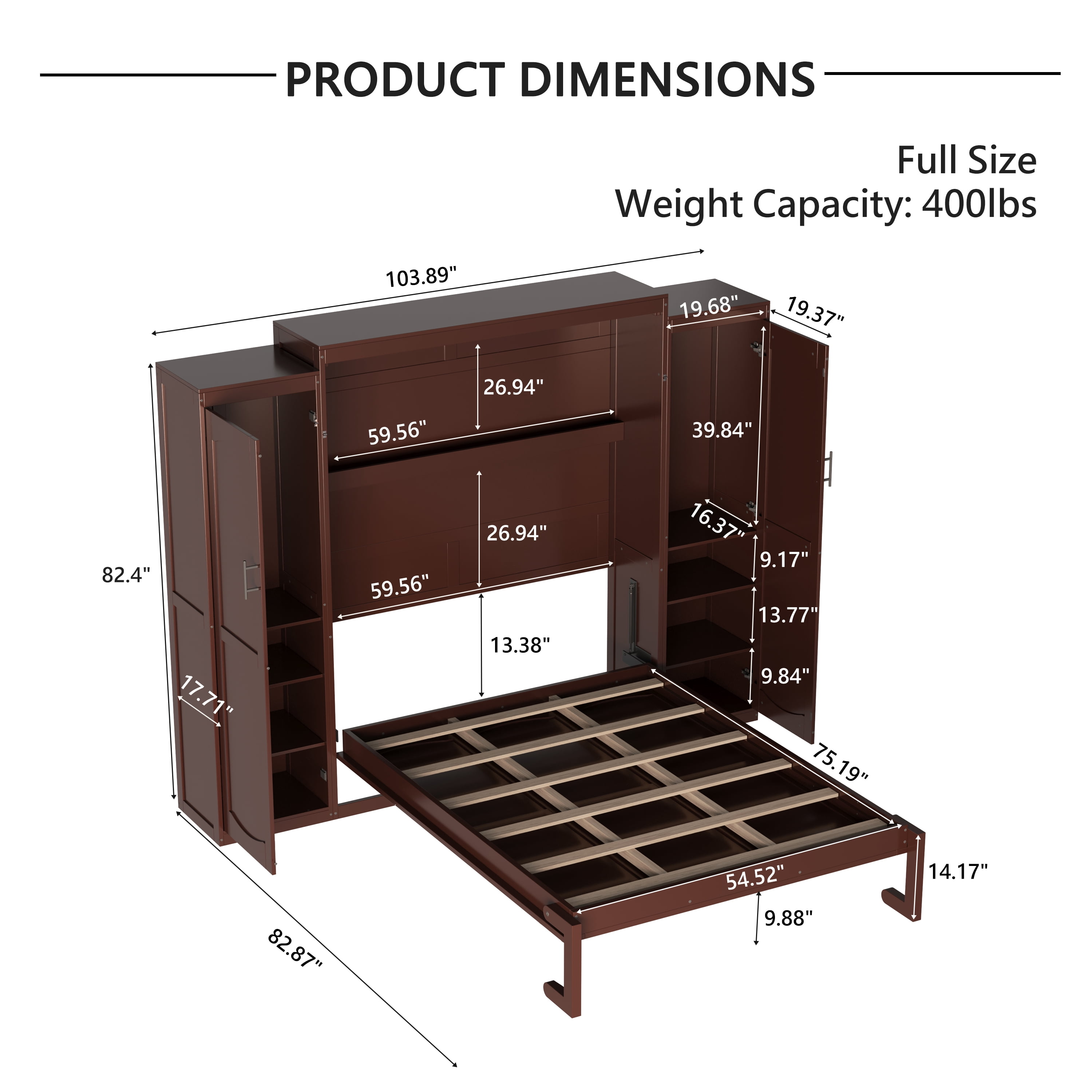 Yoneston Full Size Modern Murphy Bed with 2 Wardrobe & Storage Shelf, Multifunctional Foldable Platform Bed Frame with for Guestroom Bedroom, Brown
